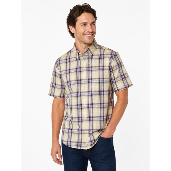 Nordstrom Other - Nordstrom Yellow Plaid Shirt Mens XL Short Sleeve Wrinkle Free Cotton Button Up